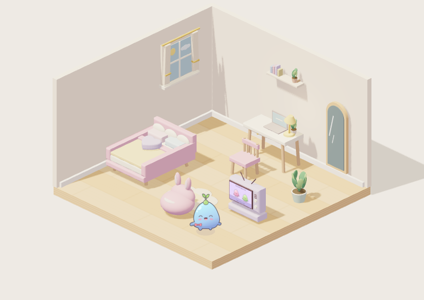 A cozy pastel dollhouse with a bed, desk, little plants, gloop television, and your squishy friend